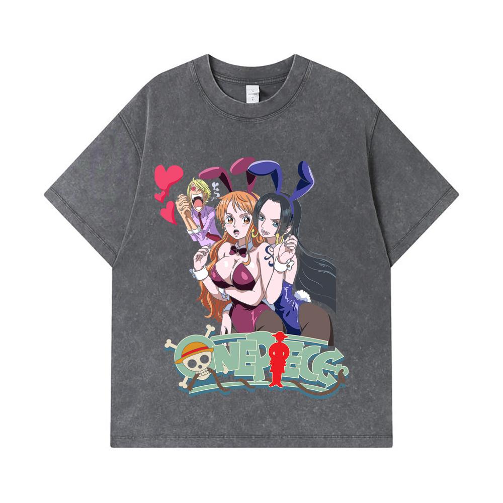 275 GSM Washed T-shirts 100% Cotton One Piece V53 Nami Boa Print Unisex Heavy Cotton T Shirt