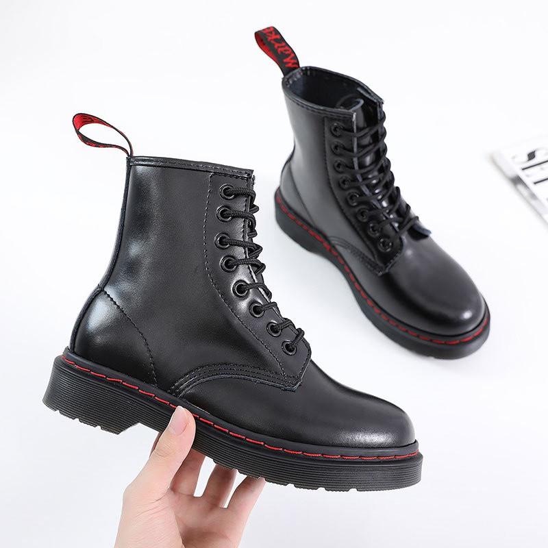 1460 Womens Mens Soft Leather Red Line Ankle Boots Round Toe Low Heel Lace Up Biker