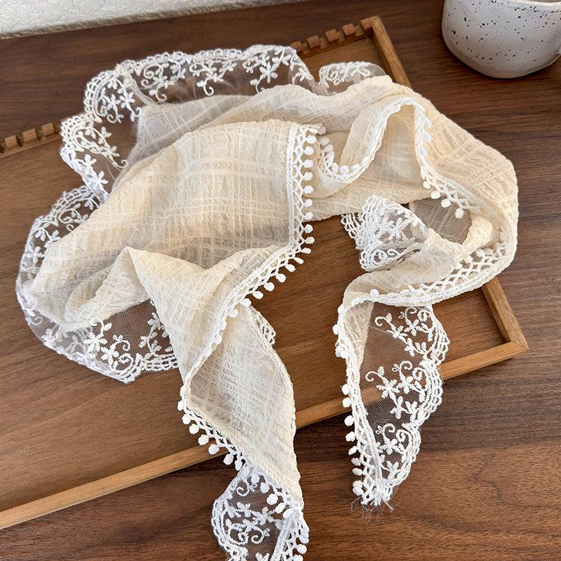 

Французский кружевной треугольный шарф с цветами, бежевый зарубежный ретро-наряд, повязка на голову с пузырьковой каймой, сумка-стяжка, повязка на голову бежевый