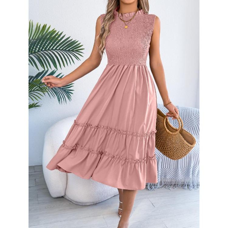 Spring Summer Women Sleeveless Smocked Waist Flowy Maxi Long Dress with Ruffle Trim Casual for European American Crossborder