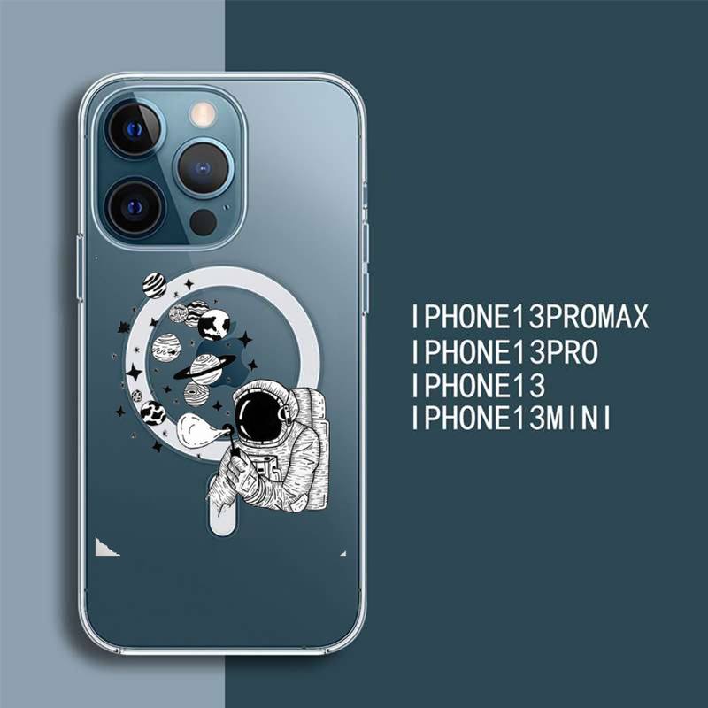 

Милый чехол для телефона с рисунком космонавта, прозрачный магнитный магнит Magsafe для iPhone 13 12 11 Pro Max Mini, чехол для беспроводной зарядки iphone 13 mini