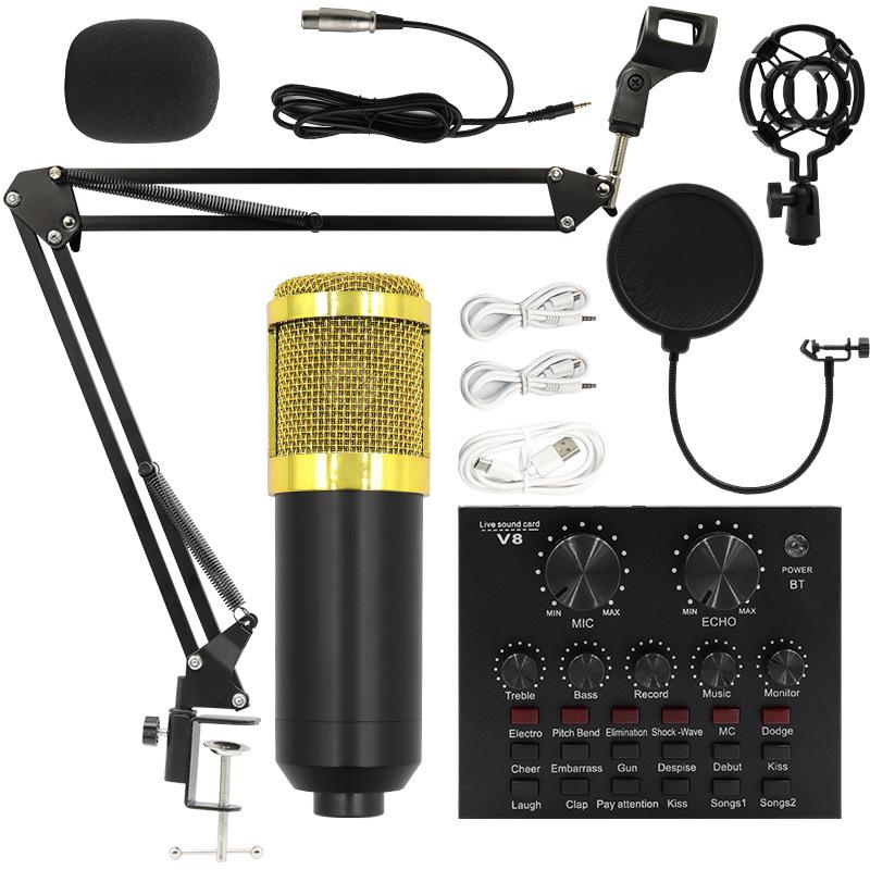BM800 Condenser Microphone Set with V8 Sound Card, Boom Arm, and USB for Live Streaming and Mobile Use.