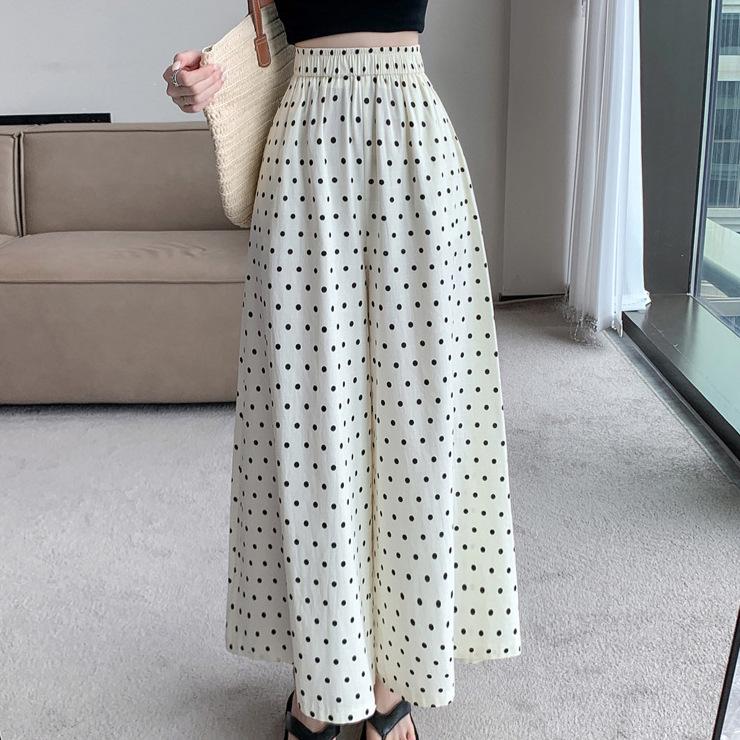2024 Women's High-Waist Polka Dot Wide-Leg Skirt Pants - Korean Style, Summer, Nine-Point Length