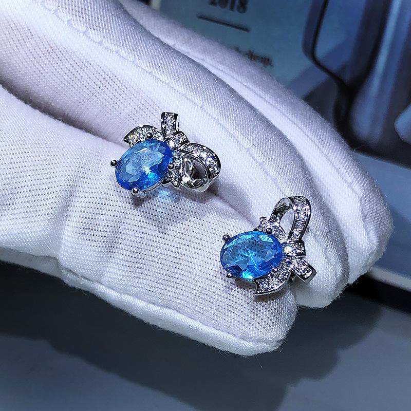 Newest  Silver Inlaid Earrings Female Natural Blue Topaz Bow Earrings For Ladies Birthday Wedding Party Jewelry Gifts