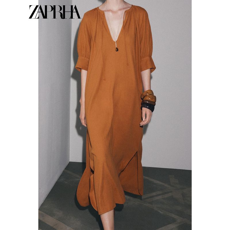 Zaprha 2025 Summer New Bow Series Adjustable round Neck Puff sleeve Long Sweater Type Dress 8192175