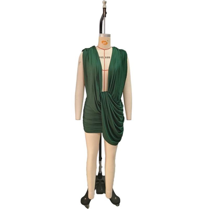 Women S Sexy Deep V Neck Pleated Bodycon Mini Solid Color Dress