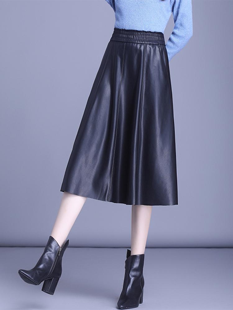 Women's Genuine Leather High Waist Midi Skirt - Autumn 2025 A-line Lambskin Umbrella Skirt