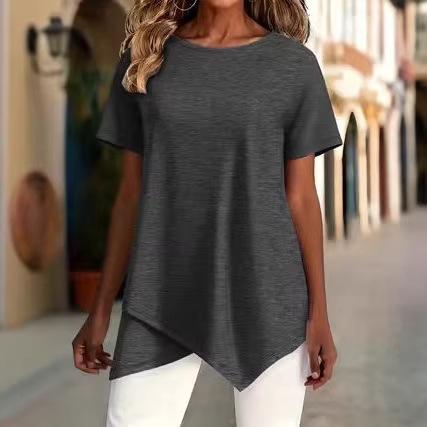 women's Solid Color Short Sleeve Irregular Hem Round Neck Loose Fit Casual Tunic Top Blouse