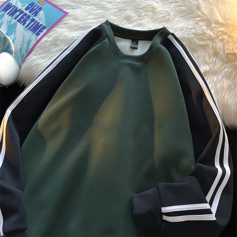 Men s Retro Striped Round Neck Hoodie and Patchwork Long Sleeve T-Shirt 3XL