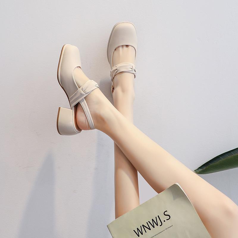 713-3 Half-bag Head Sandals Women's 2025 Summer New French Style with Skirt Medium Thick Heel Summer Single Shoes