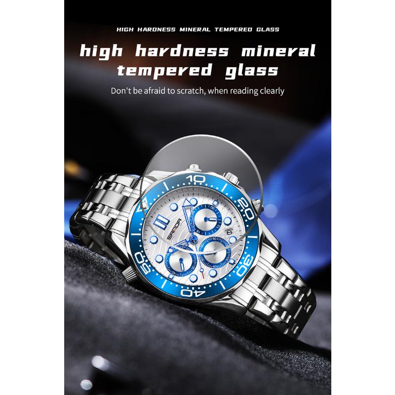 SANDA Brand Men's Quartz Watch Multi Functional Timing Waterproof Calendar Night Light Men's Stainless Steel Watch
