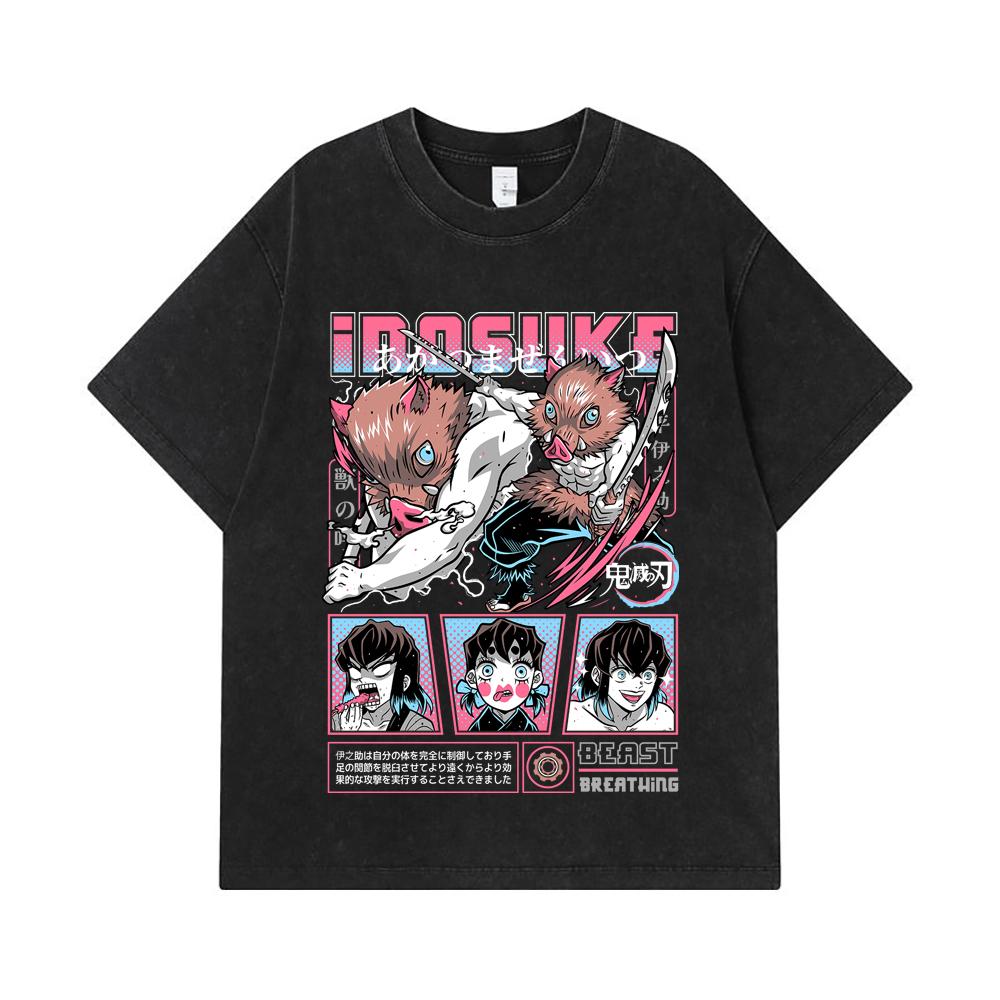 275 GSM Washed T-shirts 100% Cotton Demon Slayer V28 Inosuke Print Unisex Heavy Cotton T Shirt