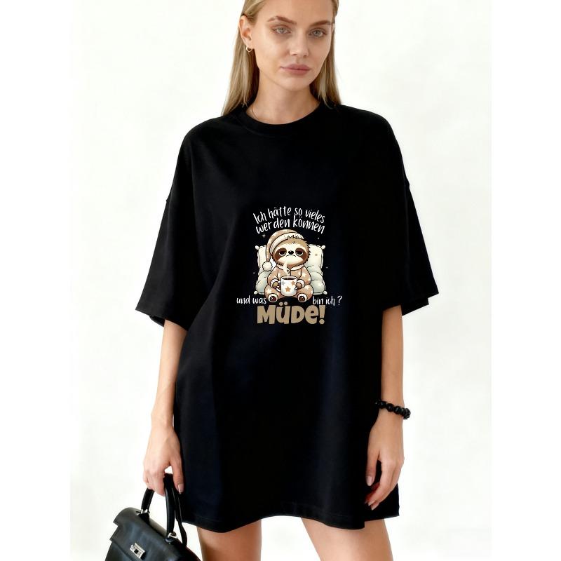 

Oversized T Shirt Black Sloth With Coffee And German Text Graphic Print Casual Wear For Women XXXXL чорний