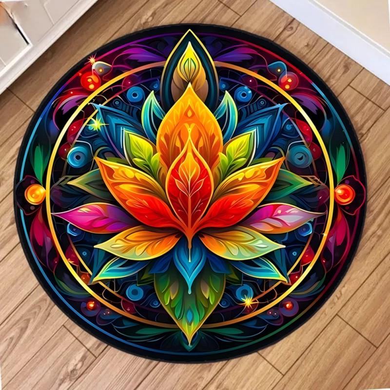 Bohemian Mandala Round Rug Non Slip Vintage Geometric Floral Circle Carpet for Living Room Bedroom Home Decor Floor Mat