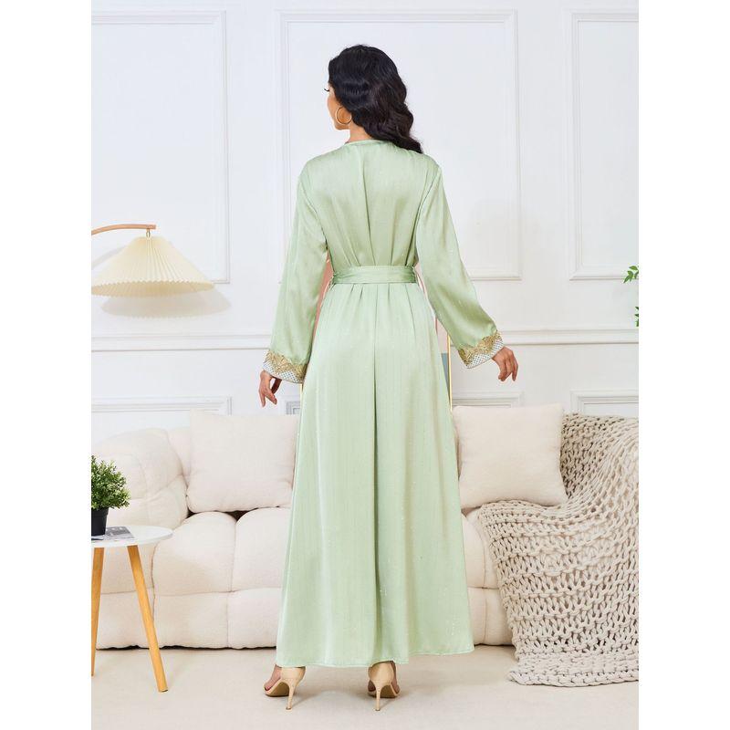 Middle East Robe Elegant New Women clothes Hot Drilling Long sleeve V-neck Big Hemline Lace Gold Thread Dress Insdresses