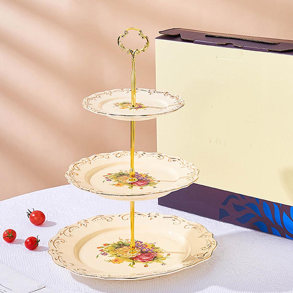 3-Tier Ceramic Dessert Stand with Metal Frame-European Style Buffet Display for Cakes, Fruits,Tea Party Wedding Table Decor