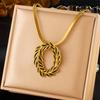 Gold Olive Leaf Jewelry Set Necklace Hoop Earrings with Black Enamel