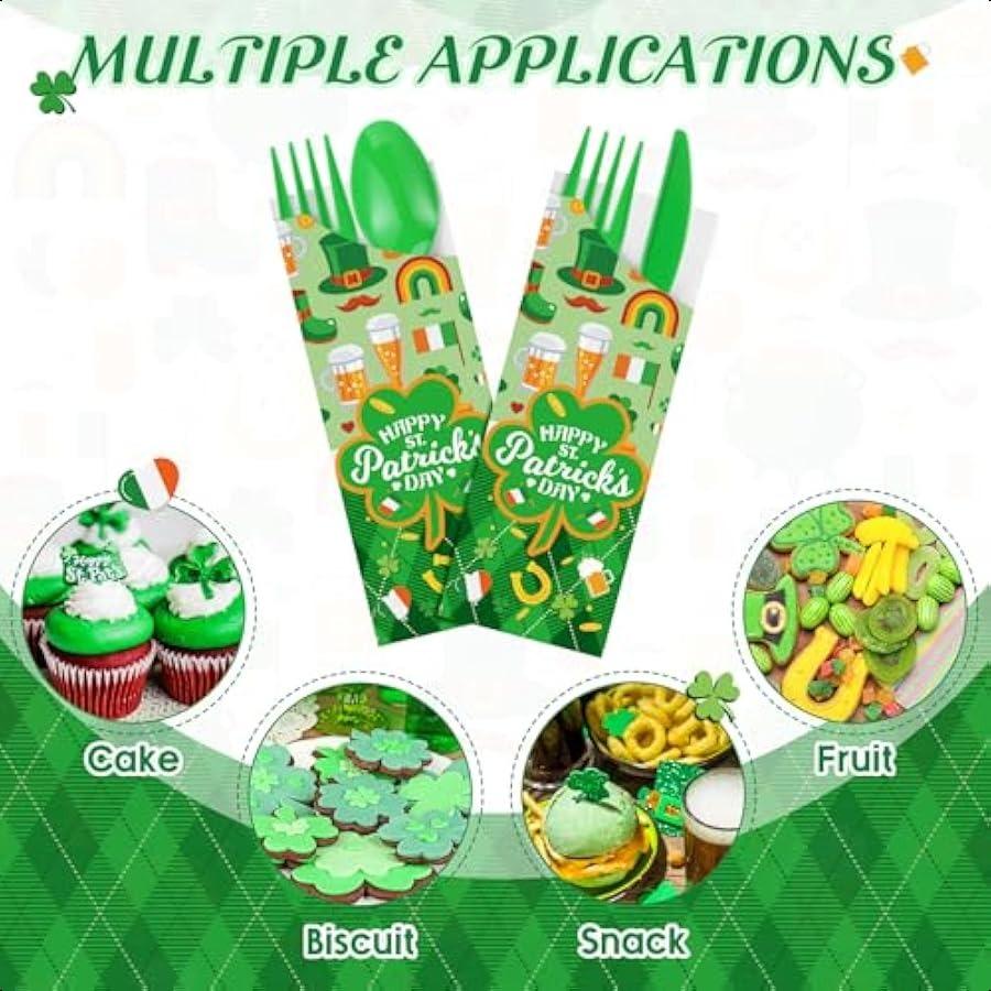 400 Pcs Happy St Patrick's Day Silverware Sleeves with Disposable Forks Knives Spoons Plastic Cutlery Utensil Pocket Bag for St