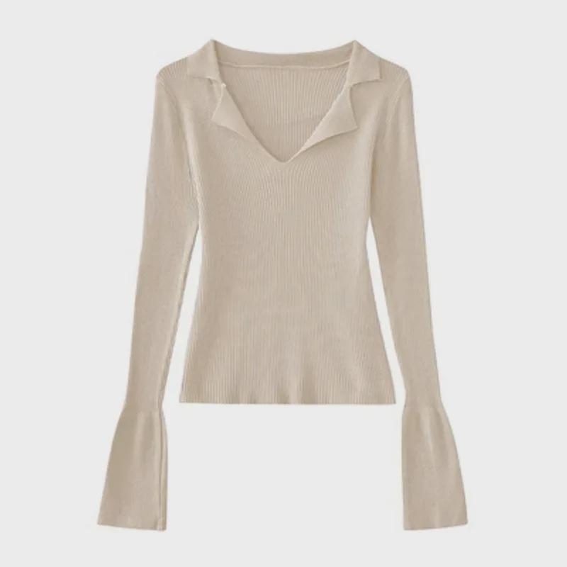 Milk Apricot V-Neck Knitted Sweater for Women - Spring Slim Fit 2025, Sweet & Spicy Polo Neck, Long-Sleeved Top, Bottoming Shirt