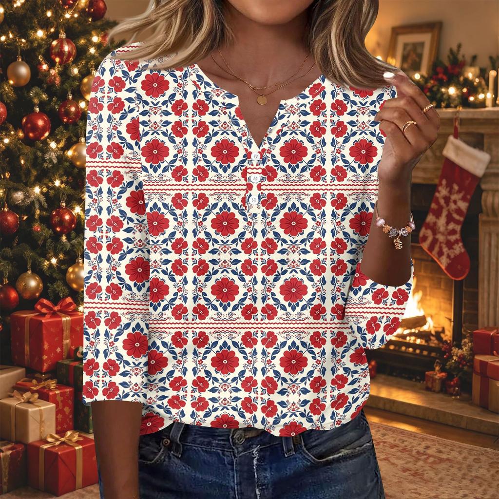 Women's Fashion Casual Christmas Print V-Neck Button 3/4 Sleeve T-Shirt Top for Holiday