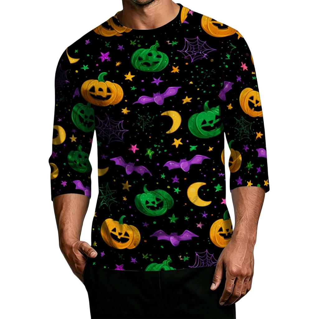 Men's Casual Halloween Printed Crew Neck T Shirt Three Quarter Sleeve Top Suitable for Seasonal Wear and Everyday Use
