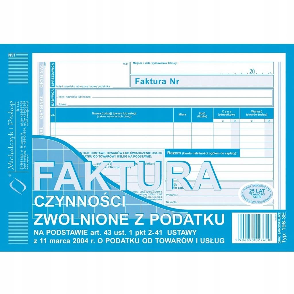 FAKTURA CZYNNOŚCI ZWOL. Z PODAT. A5 198-3E