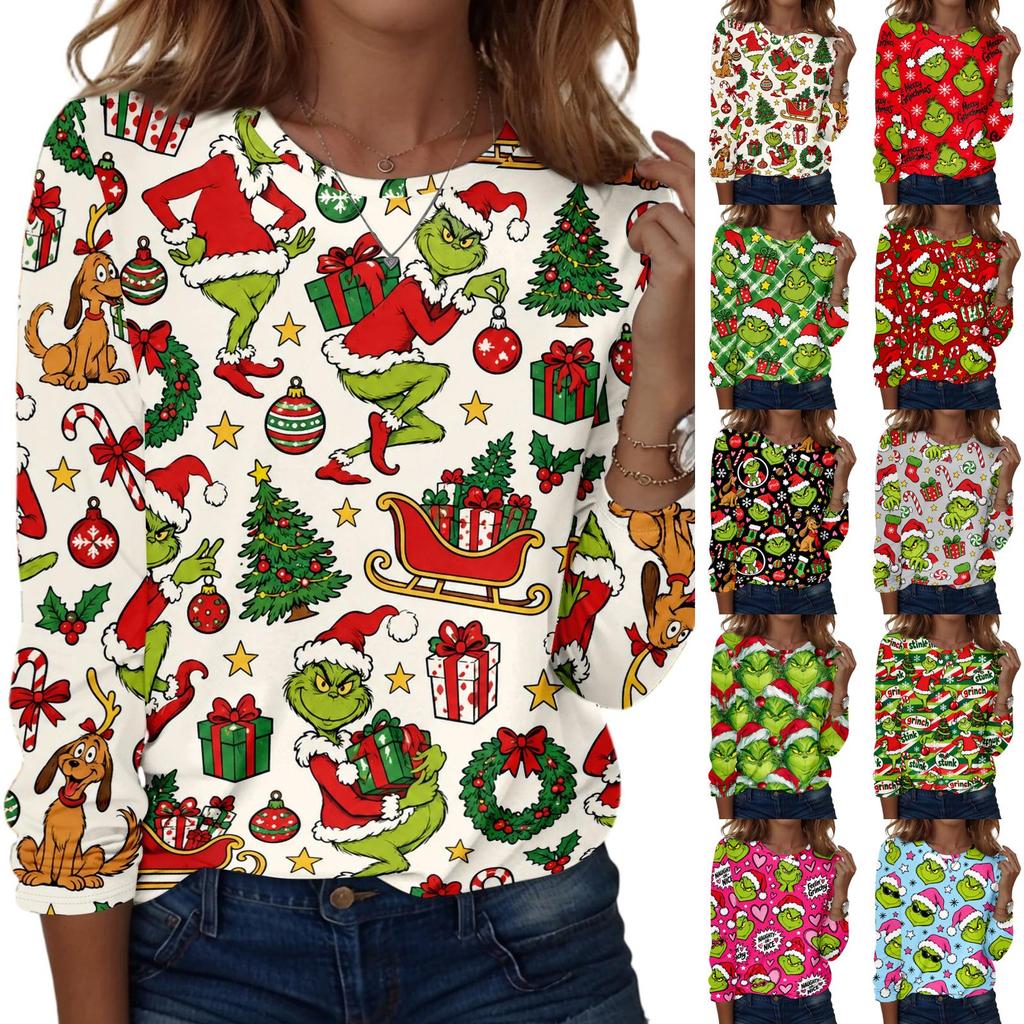Women's Fashionable Casual Long Sleeve Crewneck Graphic Print Top for Everyday Wear