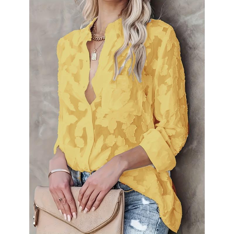 Blusa Feminina Elegante com Estampa Floral Lilás | Decote Chique com Abertura e Mangas Babados | Roupa Casual a Formal para Primavera/Verão/Outono