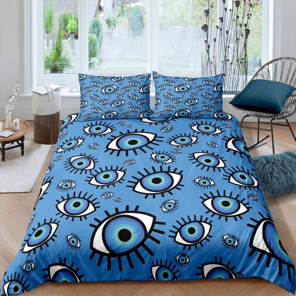 Eyes Comforter Cover Bohemian Hippie Water-Drop Duvet Cover Boho Eyes Nazar Amulet Bedding Set Mysterious Blue Eyes Quilt Cover