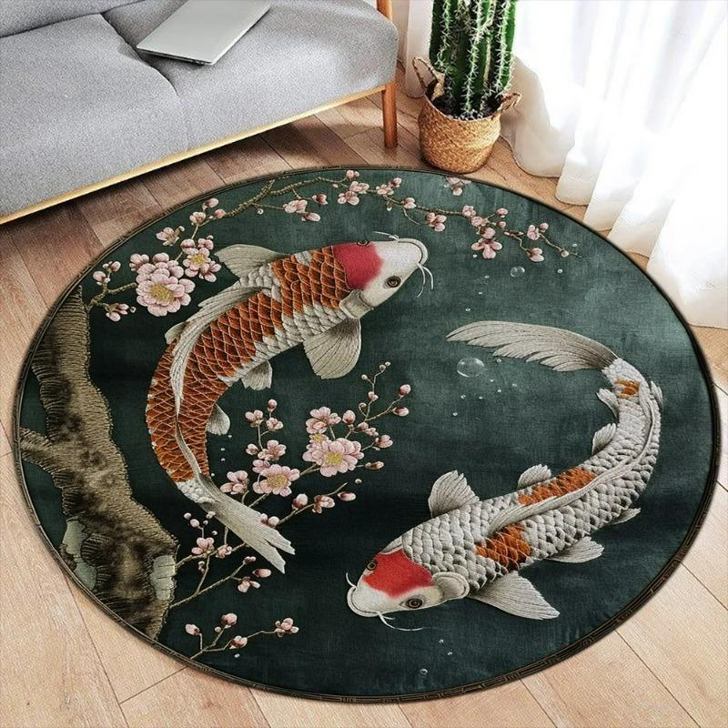 Lotus Flower Koi Cherry Blossom Chinese Style Round Carpet Peacock Butterfly Circular Floor Mat Living Room Bedroom Decor Rugs