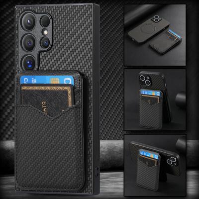 Carbon Fiber Wallet with Card Holder Phone Case for Samsung Galaxy S10 S20 S21 S22 Plus S23 S24 FE Note 20 Ultra Leather Cover