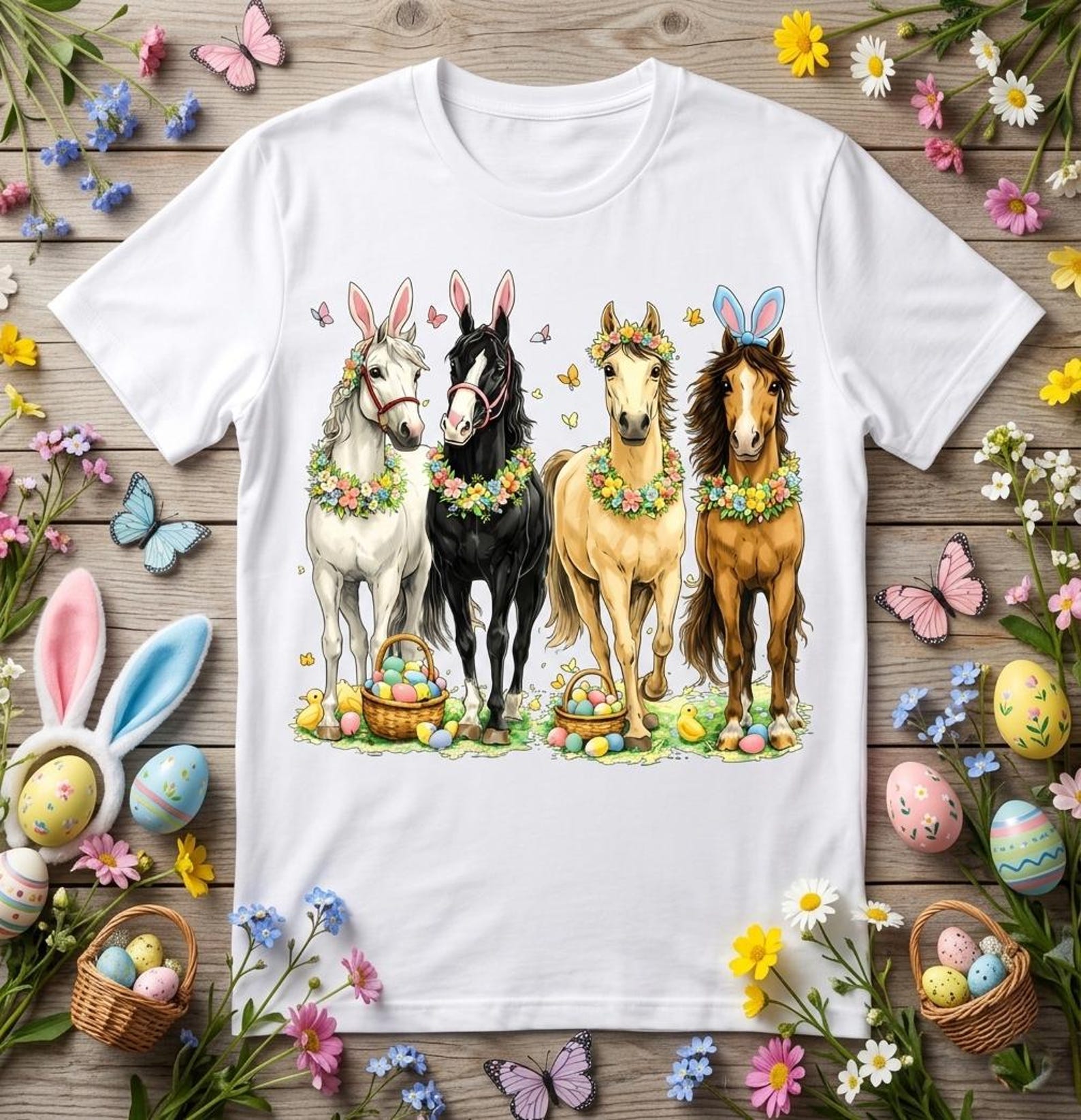 Easter Bunny Ears Shirt, Floral Horse T-Shirt, Girls Women Horse Lover Gift 2XL