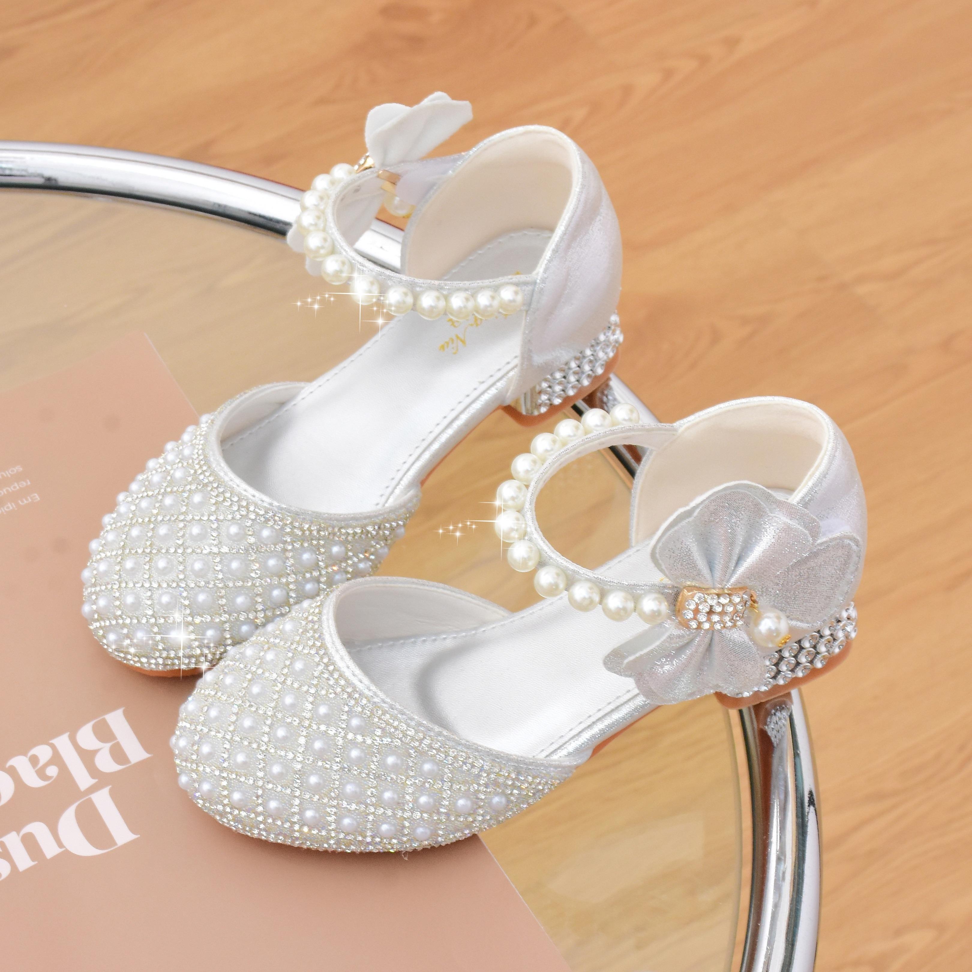 

Crystal Shoes Pearl Baby Girls Princess Shoes Bow High Heels Fashion School Dance Shoes Wedding Chic Party White Shoes 26