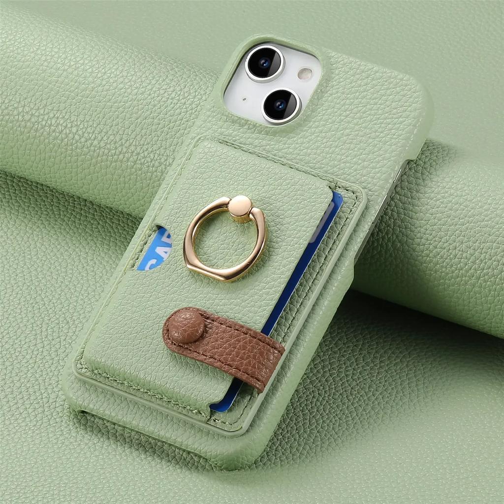 Leather Ring Support Phone Case for IPhone 16E 16 15 14 13 12 11 Pro Max X XR 7 8 Plus Wallet with Card Holder Shockproof Cover