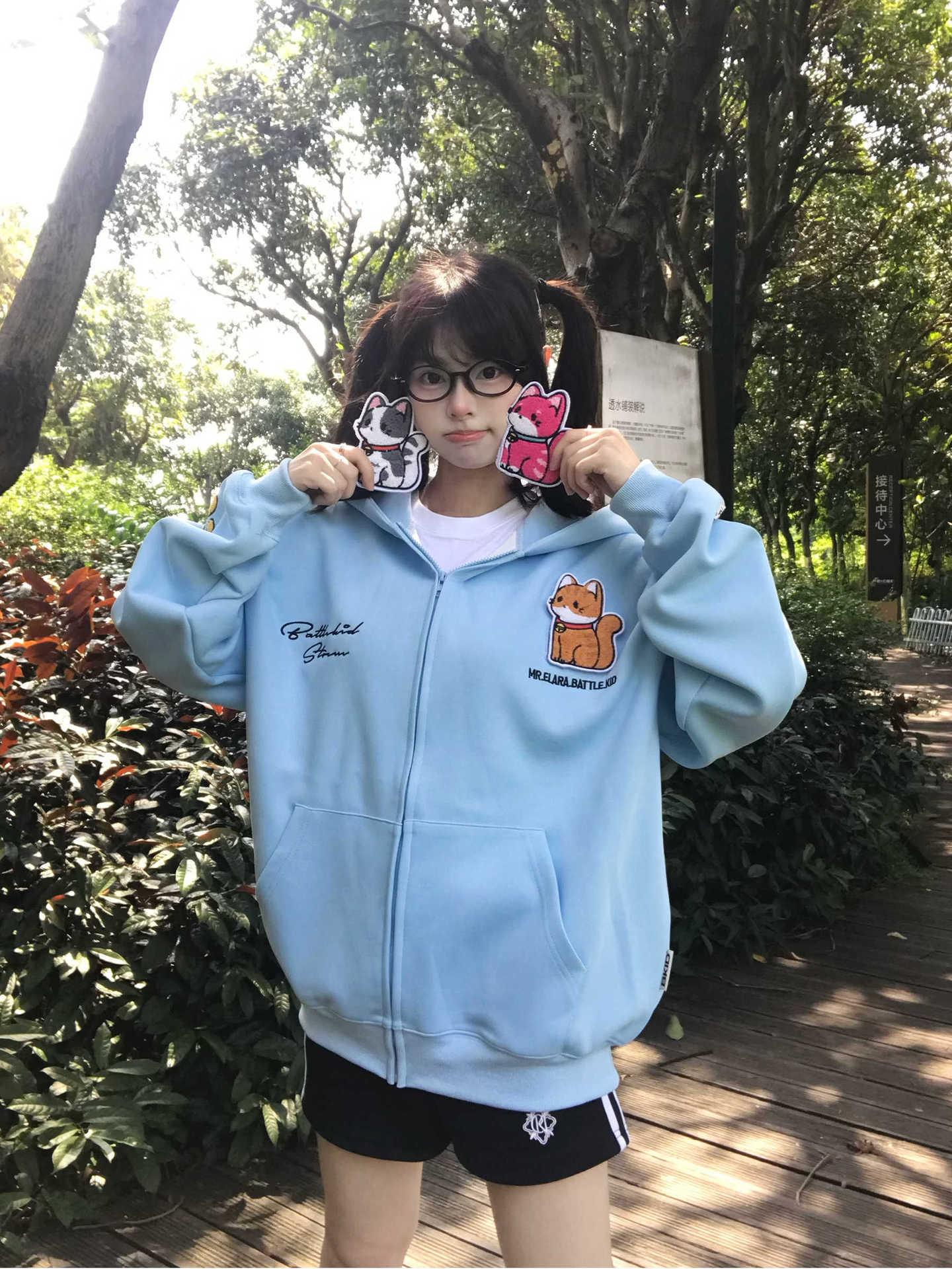 

American embroidered kitten Velcro hooded sweater women s 2025 new loose lazy coat XL синій
