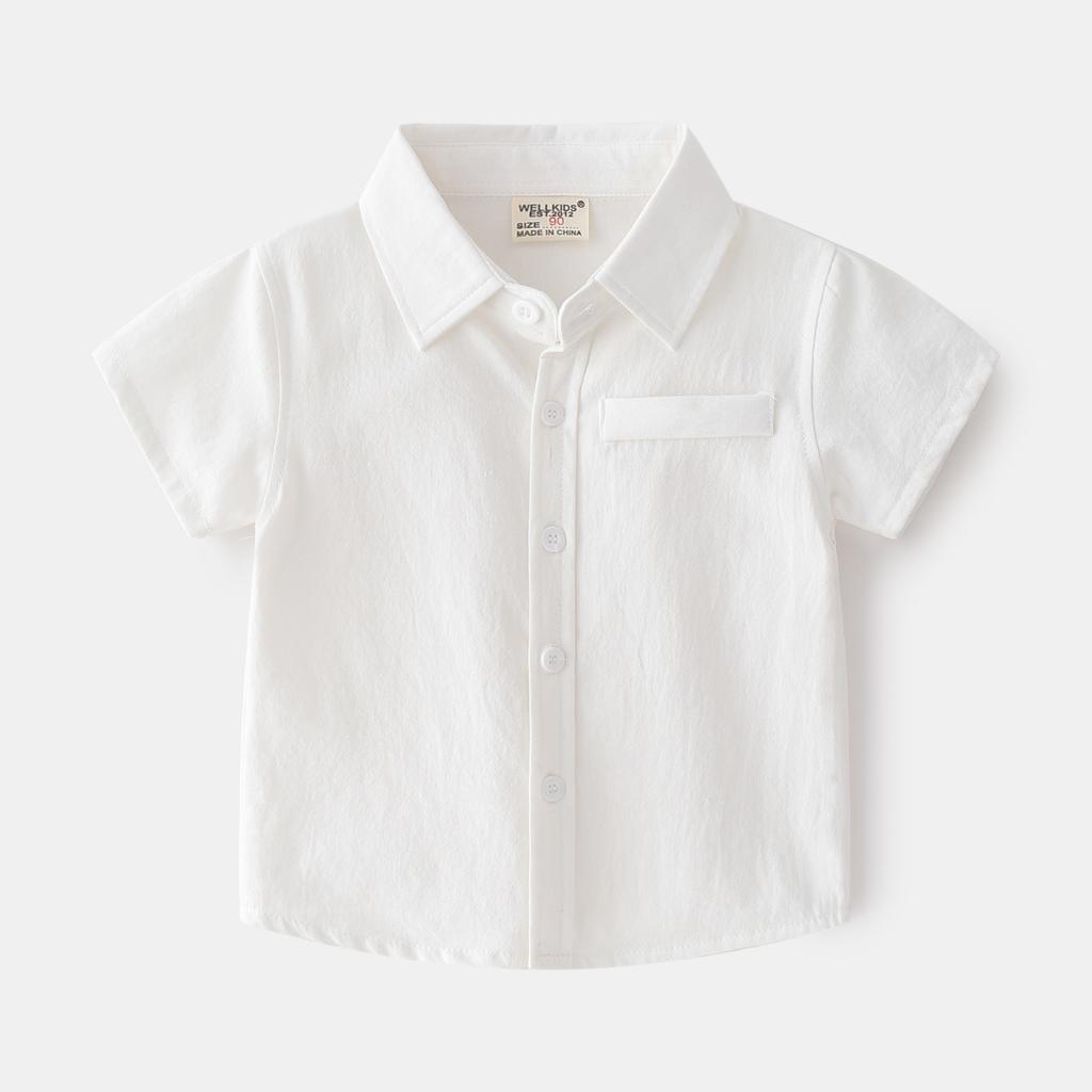 Summer Boys Cotton Short-sleeved Shirt Monochrome Lapel Design Casual Children's Short Sleeves