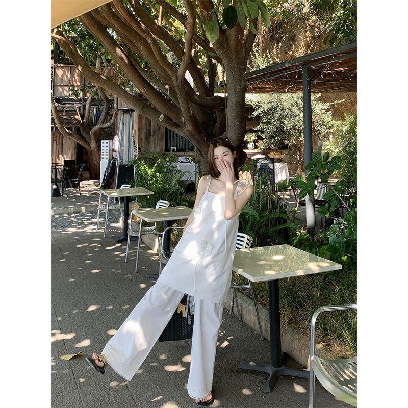 Kumikumi Gentle Casual Set Mid-Length Cami Women Summer High Waist Loose Straight Pants Two-piece Set