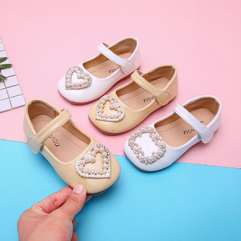 Girls Leather Shoes Kids School Flats Children Dress Shoes Princess Sweet Soft with Heart Shape Square Rhinestone Pearls Party
