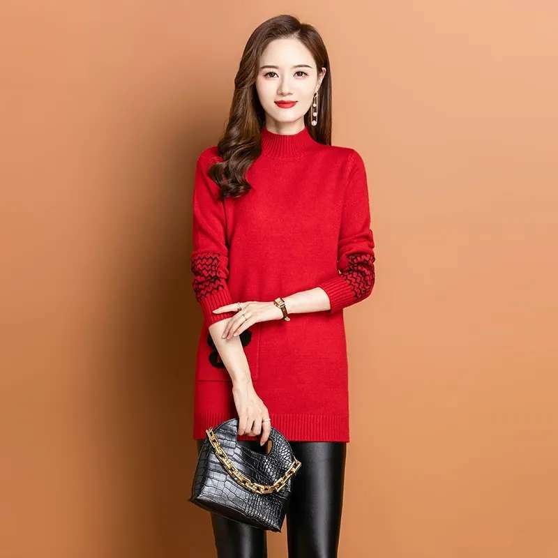 Half Turtleneck Sweater Mid-length Pullover for Women Solid-color Loose Sweater Jacquard Knitted Sweater Top