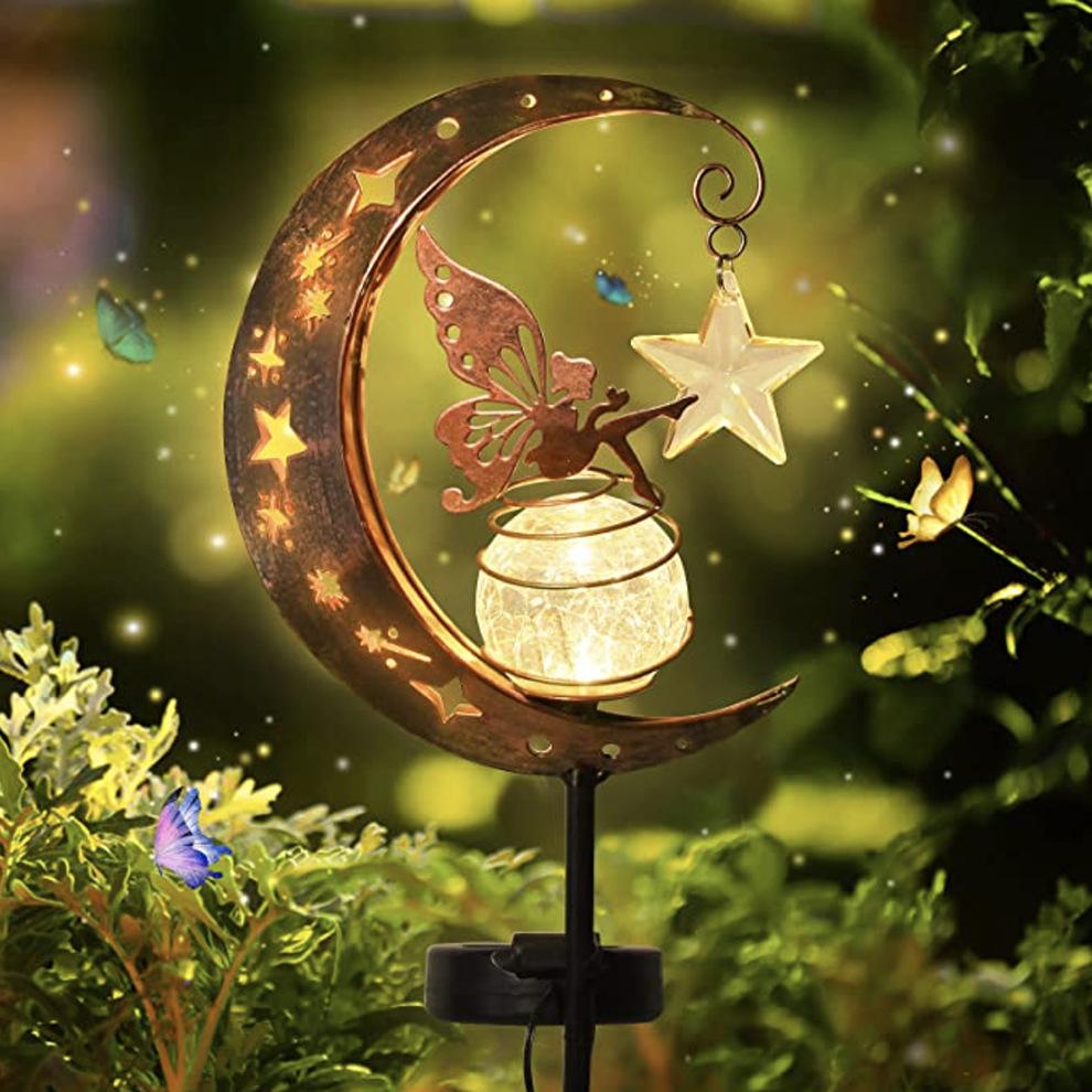 Antique Iron Art Solar Garden Lights: Moon & Sun Design Landscape Spotlight