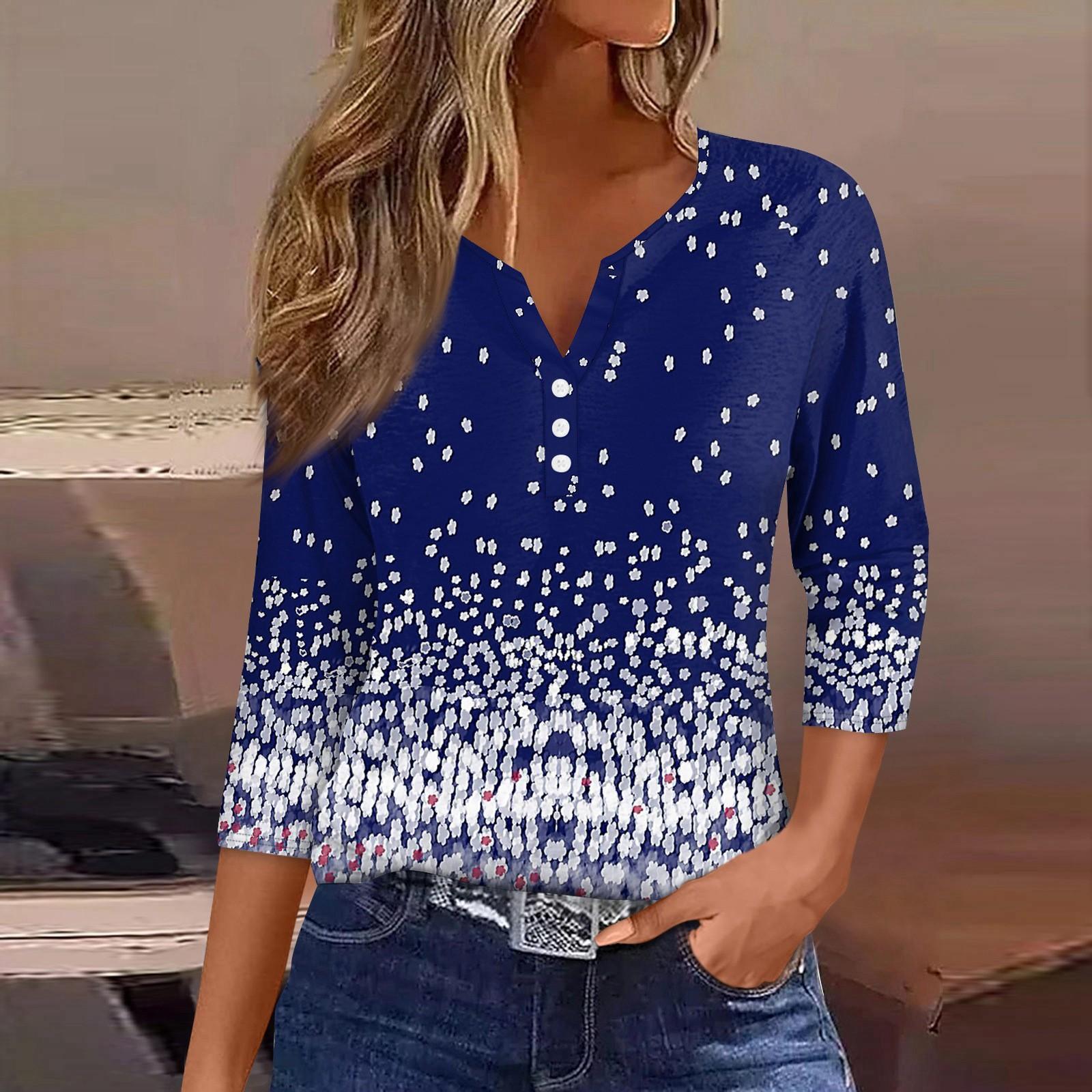 

Жен. Футболка Футболка С принтом Пуговицы Рукав 3/4 Повседневные Выходные Мода Классический Классический V-образный вырез Обычный Верх M тёмно-синий