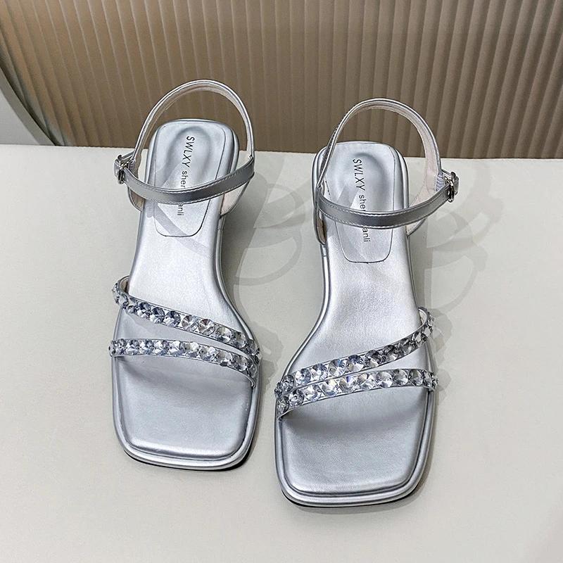 Fashion 2025 New Shiny Crystal Slippers Women's Luxury Rhinestone Mid Heel Sandals  Strange Heel Lace Up Summer