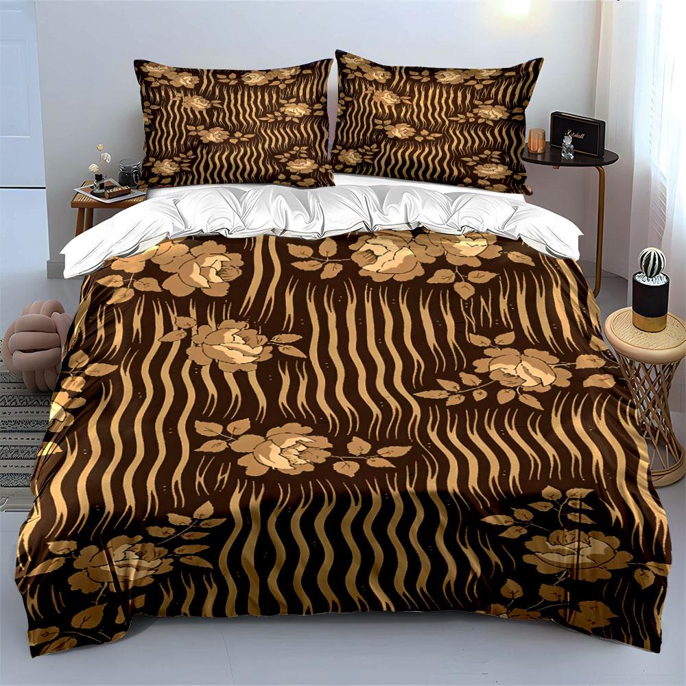 Beige Flowers, Wavy Stripes. Bedding Sets Duvet Cover Sets Duvet Covers Pillowcases(1 * Duvet Cover 2 * Pillowcases Without Duvet Insert)