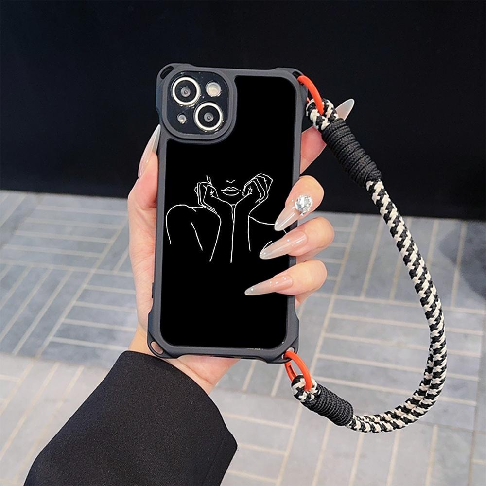 Ae79 Femme Framed Black Art Soft Phone Cases for iPhone 16 15 14 13 12 11 Pro Max 7 8 Plus XR XS with Wrist Strap Lanyard Corner Protection Back Cover