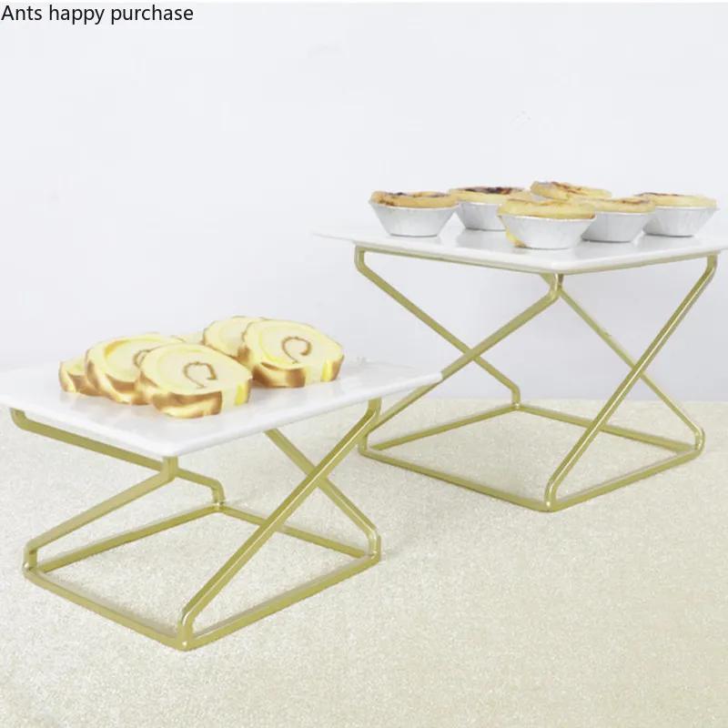 European Style White Ceramics Cake Pan Banquet Golden Metal Display Stand Rectangular Dessert Sushi Plate Decoration Cake Stand