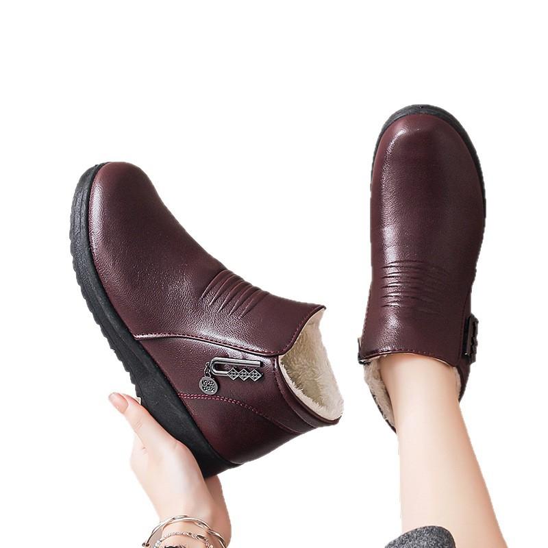Sapatos casuais sapatos de algodão botas curtas de meia-idade femininas de outono e inverno sola macia sapatos médios femininos sapatos de couro planos quentes de veludo