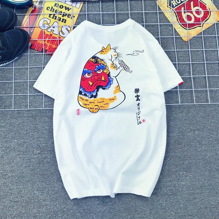 Japanese Trendy Brand Prajna Lucky Cat Tattoo Tattoo Printed Locomotive Short-sleeved T-shirt Men's and Women's Pure Cotton