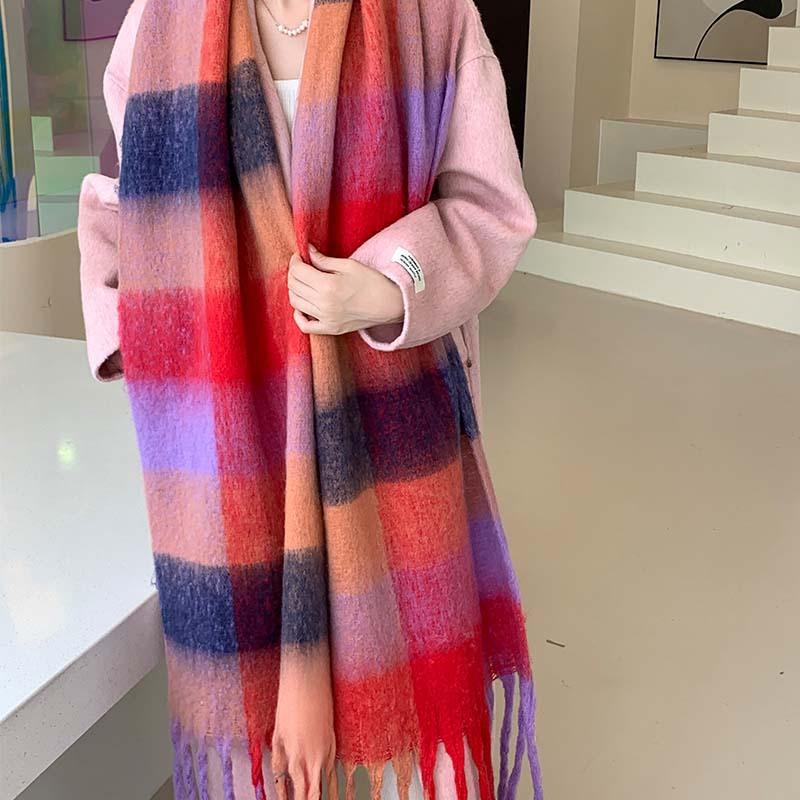 Winter New Scarf Women's Winter Thickened Warm Scarf Colored Plaid Fringed Scarf Shawl Fashionable Outer Cover