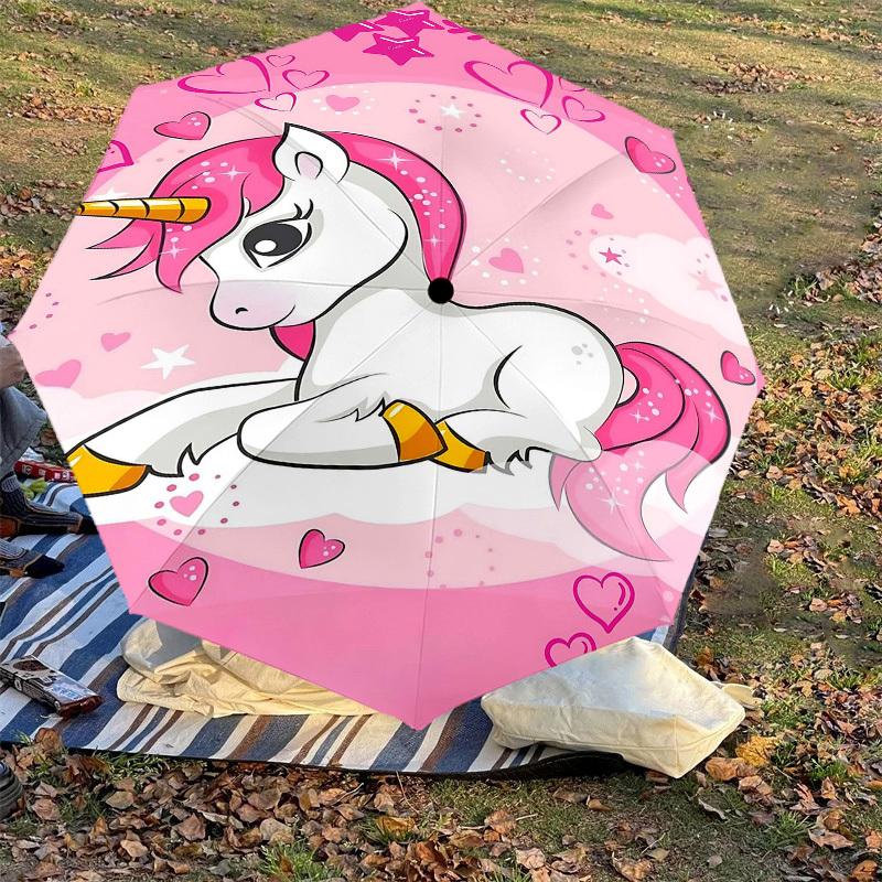 1 Stück Einhorn-Herzen-Regenschirm-8-Speichen-verstärkt-tragbar-faltbar-Reise-geeignet für alle Jahreszeiten-Außenbereich-Täglicher Gebrauch-G320