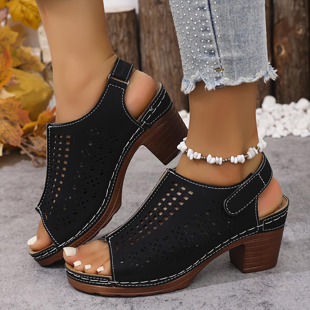 Moda de Verão Feminina Salto Alto, Sandálias de Tamanho Grande Cor Sólida Bico Aberto, Sapatos com Tira Traseira Ajustável e Design Escavado